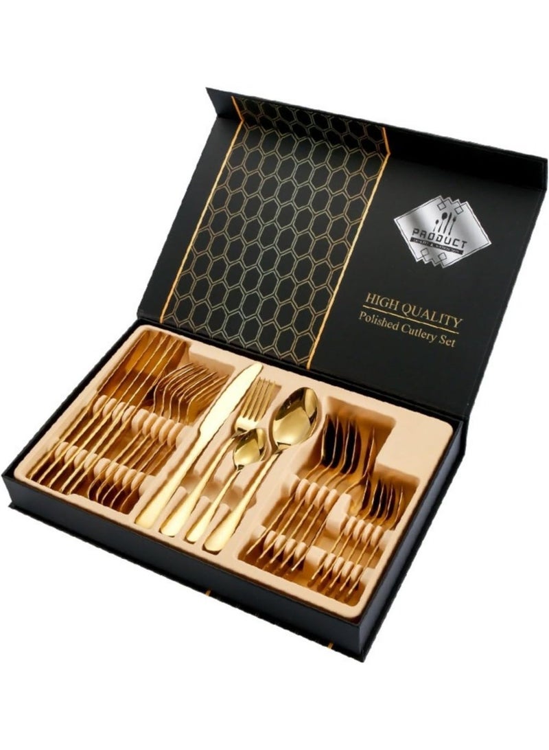 24-Piece Stainless Steel Cutlery Spoon,Fork And Knife Set Gold - Image 1